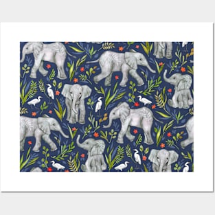 Baby Elephants and Egrets in Watercolor - navy blue Posters and Art